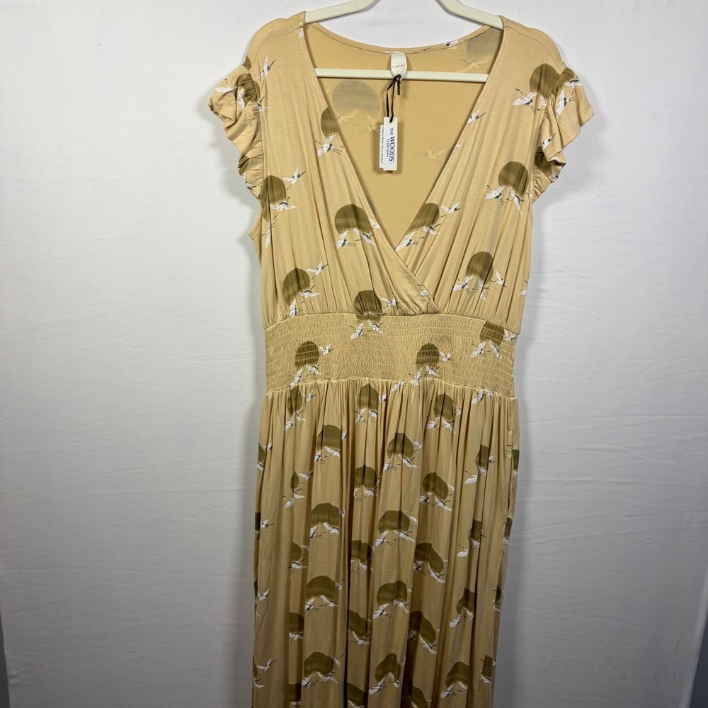NWT The Woods Kate Quinn Dress Crane Print Boho Nature-Inspired Indie Earthy L